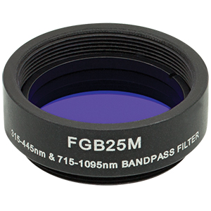 FGB25M - Ø25 mm BG3 Colored Glass Bandpass Filter, SM1-Threaded Mount, 315 - 445 nm and 715 - 1095 nm